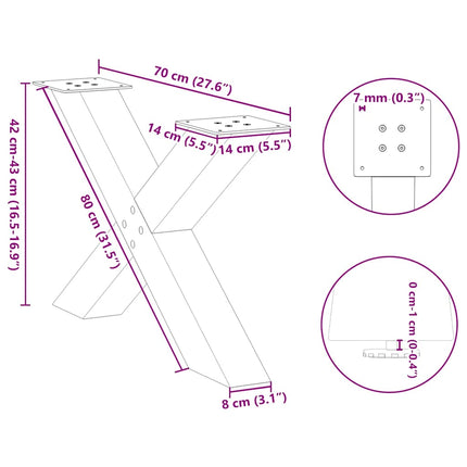 Soffbordsben X-formade 2 st naturstål 70x(42-43) cm stål