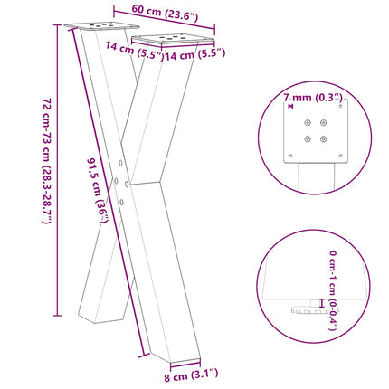 Matbordsben X-formade 2 st naturstål 60x(72-73) cm stål