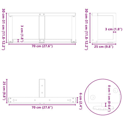 Soffbordsben T-formade 2 st svarta 70x25x(30-31) cm stål