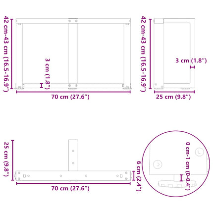 Soffbordsben T-formade 2 st vita 70x25x(42-43) cm stål