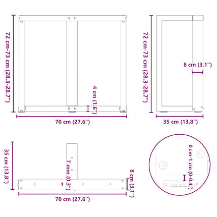 Matbordsben T-formade 2 st antracit 70x35x(72-73) cm stål