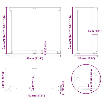 Matbordsben T-formade 2 st svarta 80x35x(72-73) cm stål