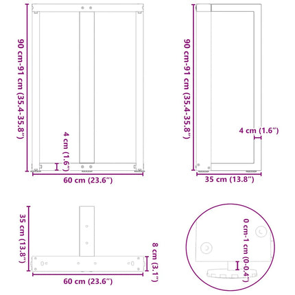 Barbordsben T-formade 2 st vita 60x35x(90-91) cm stål