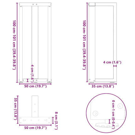 Barbordsben T-formade 2 st vita 50x35x(100-101) cm stål