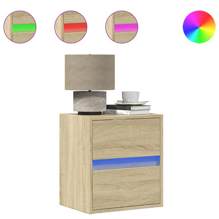 Väggmonterat sängbord med LED-lampor sonoma-ek