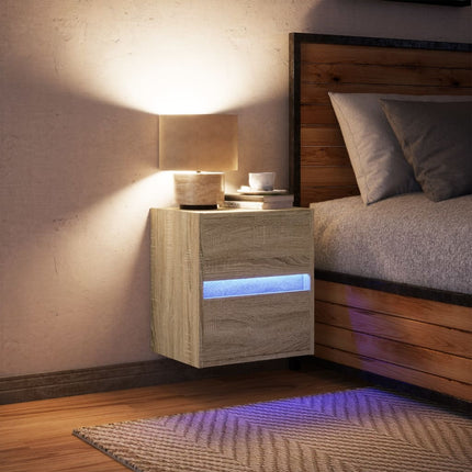 Väggmonterat sängbord med LED-lampor sonoma-ek