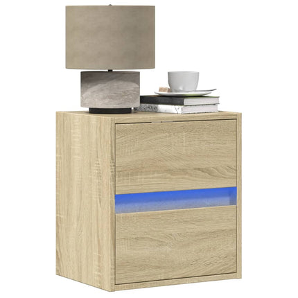 Väggmonterat sängbord med LED-lampor sonoma-ek