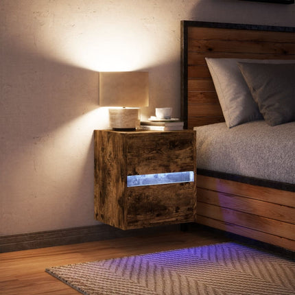 Väggmonterat sängskåp med LED rökfärgad ek