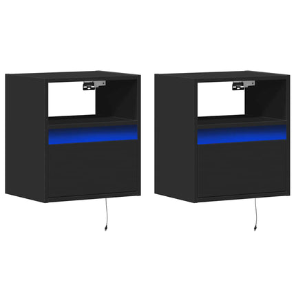 Väggmonterade sängbord med LED-lampor 2 st svart