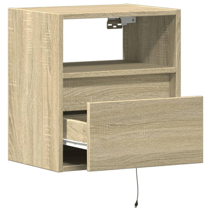 Väggmonterat sängbord med LED-lampor sonoma-ek
