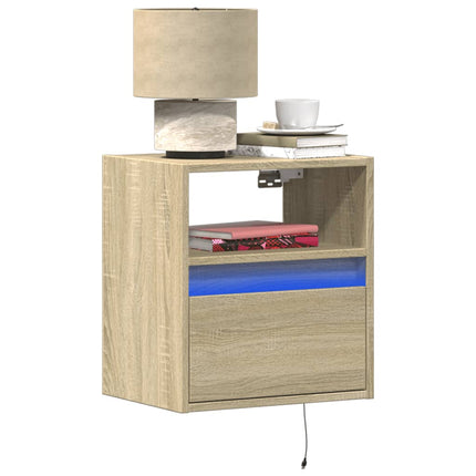 Väggmonterat sängbord med LED-lampor sonoma-ek
