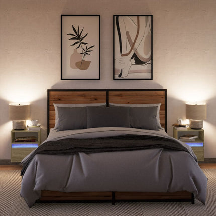 Väggmonterade sängbord med LED-lampor 2 st sonoma-ek