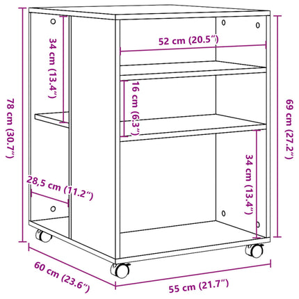 Sidobord med hjul rökfärgad ek 55x60x78 cm konstruerat trä