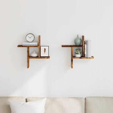 Vägghyllor 2 st rökfärgad ek 38x12x38 cm konstruerat trä