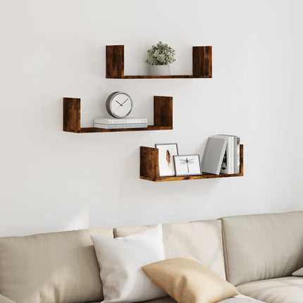 Vägghyllor 3 st rökfärgad ek 58x18x18 cm konstruerat trä