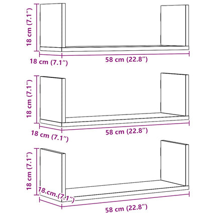 Vägghyllor 3 st ek 58x18x18 cm konstruerat trä