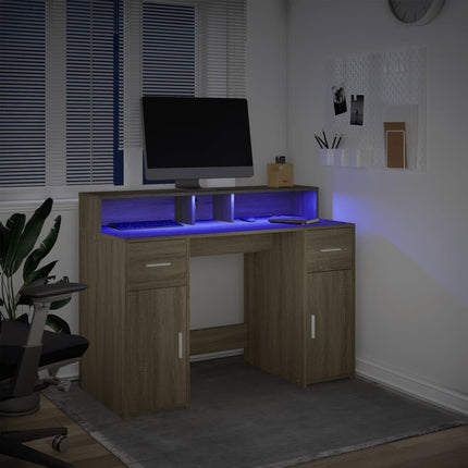 Skrivbord med LED sonoma-ek 120x55x91 cm konstruerat trä