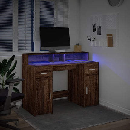 Skrivbord med LED brun ek 120x55x91 cm konstruerat trä
