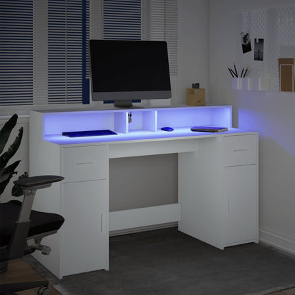 Skrivbord med LED vit 140x55x91 cm konstruerat trä