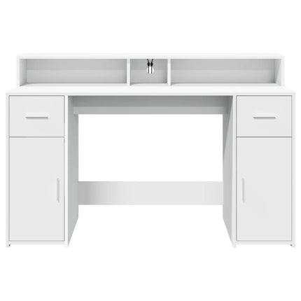 Skrivbord med LED vit 140x55x91 cm konstruerat trä
