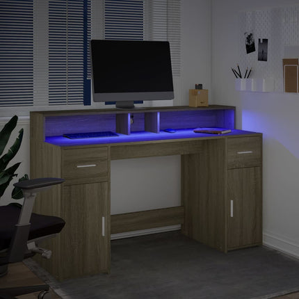 Skrivbord med LED sonoma-ek 140x55x91 cm konstruerat trä