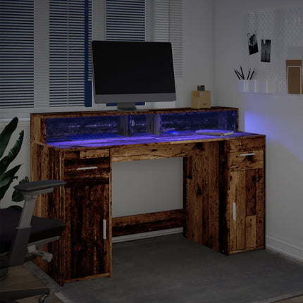 Skrivbord med LED gammalt trä 140x55x91 cm konstruerat trä