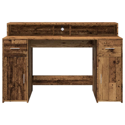 Skrivbord med LED gammalt trä 140x55x91 cm konstruerat trä