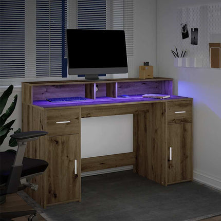 Skrivbord med LED ek 140x55x91 cm konstruerat trä