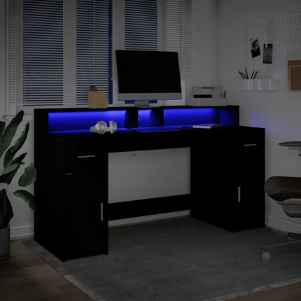 Skrivbord med LED svart 160x55x91 cm konstruerat trä