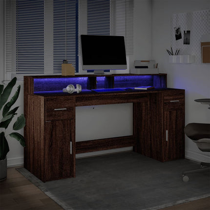 Skrivbord med LED brun ek 160x55x91 cm konstruerat trä