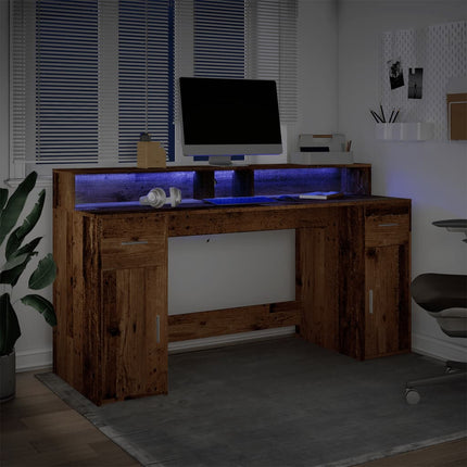 Skrivbord med LED gammalt trä 160x55x91 cm konstruerat trä
