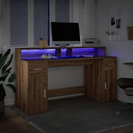 Skrivbord med LED ek 160x55x91 cm konstruerat trä