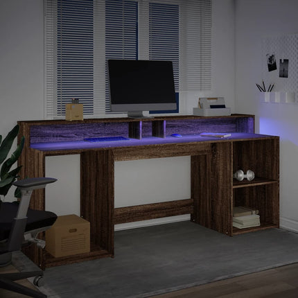 Skrivbord med LED brun ek 200x55x91 cm konstruerat trä