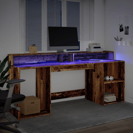 Skrivbord med LED gammalt trä 200x55x91 cm konstruerat trä