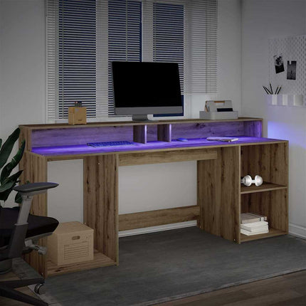 Skrivbord med LED ek 200x55x91 cm konstruerat trä
