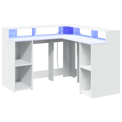 Skrivbord med LED vit 130x130x91 cm konstruerat trä