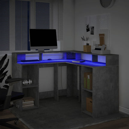 Skrivbord med LED betonggrå 130x130x91 cm konstruerat trä