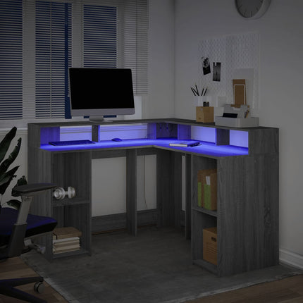 Skrivbord med LED grå sonoma 130x130x91 cm konstruerat trä