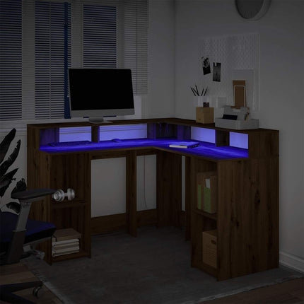 Skrivbord med LED ek 130x130x91 cm konstruerat trä