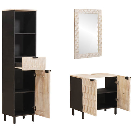 Badrum Set med låda 3 pcs Vit Tvätt Finish Massivt mangoträ