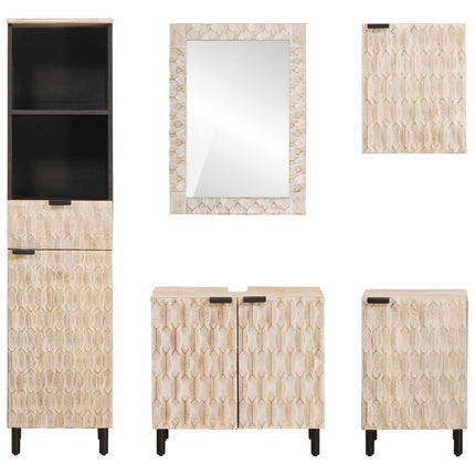 Badrum Set med låda 5 pcs Vit Tvätt Finish Massivt mangoträ