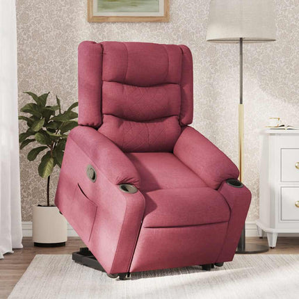 Reclinerfåtölj med uppresningshjälp vinröd tyg