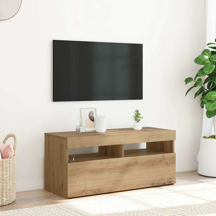 TV-bänk med LED-lampor artisan ek 90x35x40 cm konstruerat trä