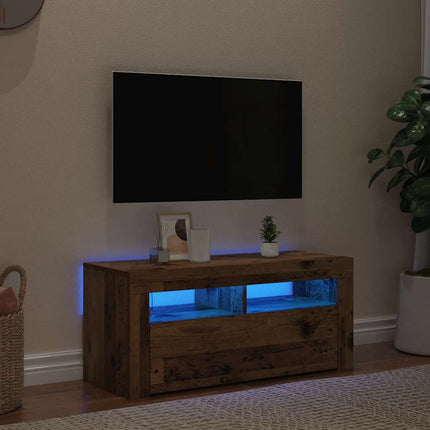 TV-bänk med LED-lampor åldrat trä 90x35x40 cm konstruerat trä
