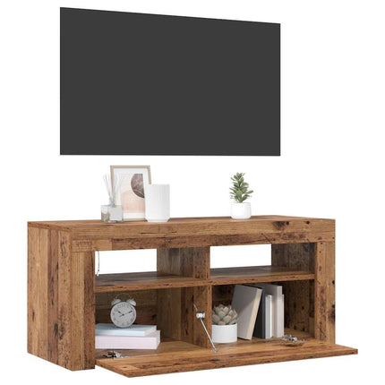 TV-bänk med LED-lampor åldrat trä 90x35x40 cm konstruerat trä