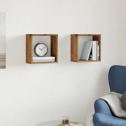 Vägghylla kubformad 2 st åldrat trä 30x15x30 cm konstruerat trä