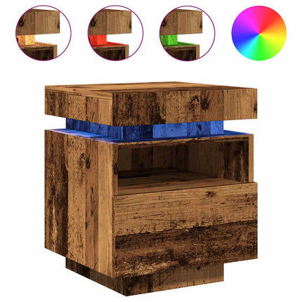 Sängbord med LED-belysning åldrat trä 40x39x48,5 cm