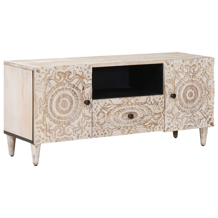 TV-skåp med låda Vit 105 x 33,5 x 46 cm Massivt mangoträ