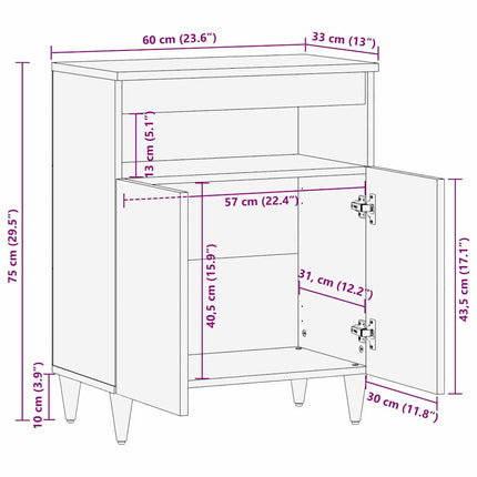 Sideboard med hylla Svart 60 x 33 x 75 cm Massivt mangoträ
