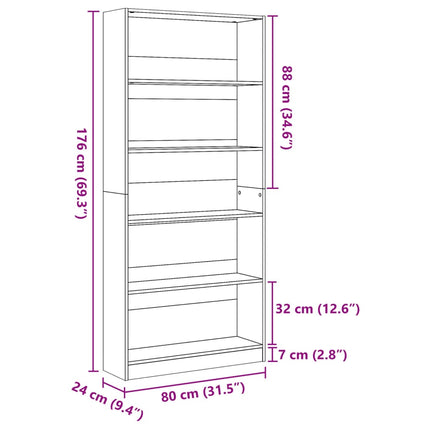 Bokhylla ek 80x24x176 cm konstruerat trä